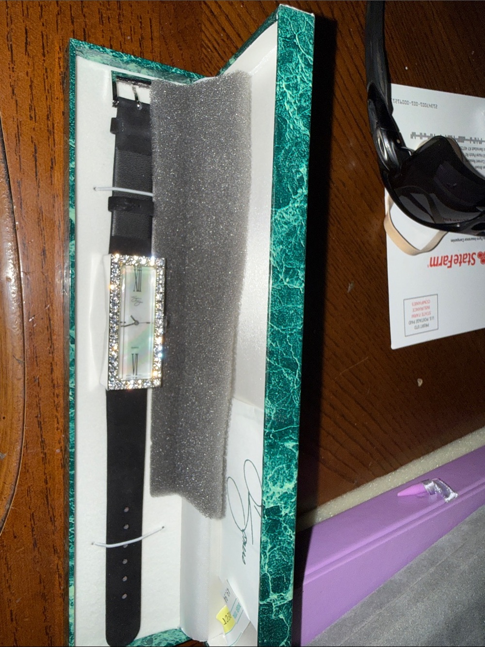 Suzanne Somers Black Strap Watch Bracelet with Crystal-Studded Rectangular Face